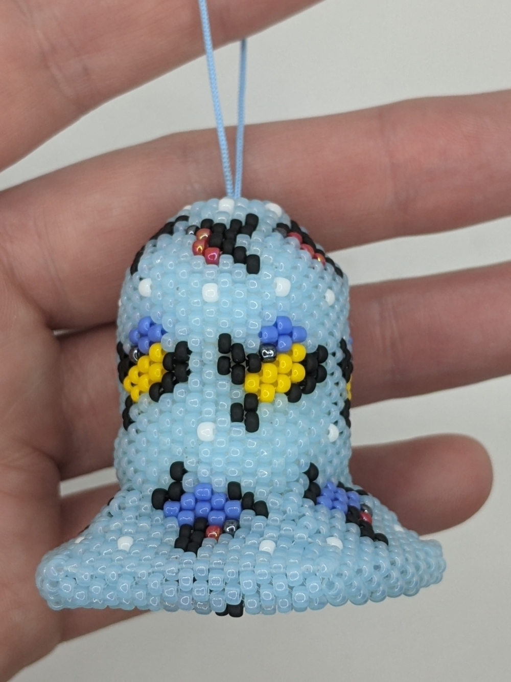Light Blue Beaded Bird Bell Ornament with Yellow Accent